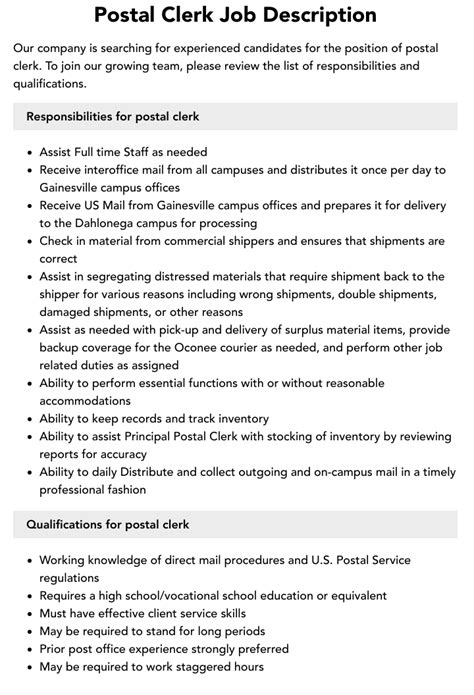 Mail Clerks are responsible for a variety of tasks throughout the work day. . Usps general clerk job description